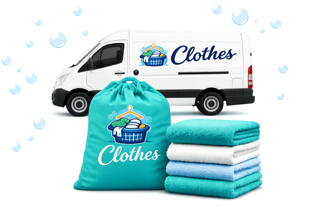 Clothes laundry van, bag and folded towels